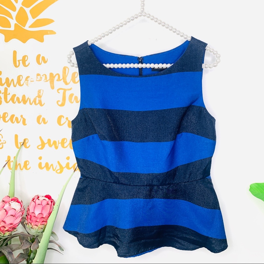 BANANA REPUBLIC Blue Striped Shimmer Peplum Sleeveless Blouse Top Size 6 Petite - Picture 2 of 16